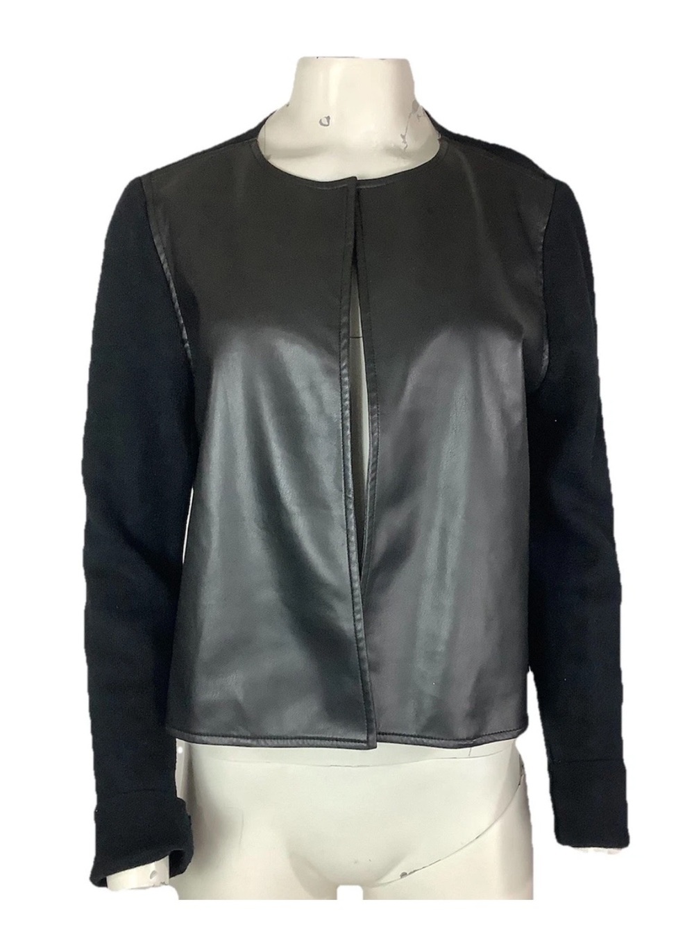 Ann Taylor Sz M Faux Leather Open Front Business Casual Office Cardigan Black